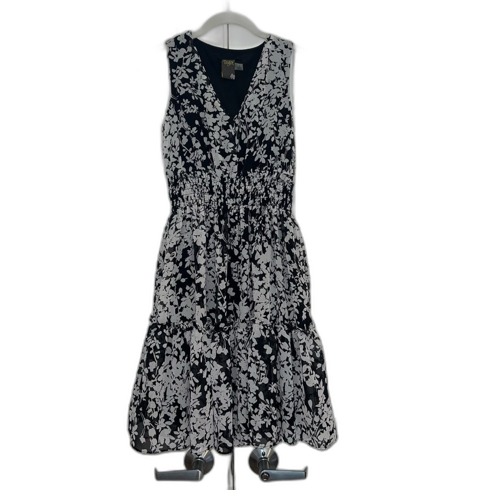 Women’s Black & White V-Neck Floral Midi Dress - Worn Once